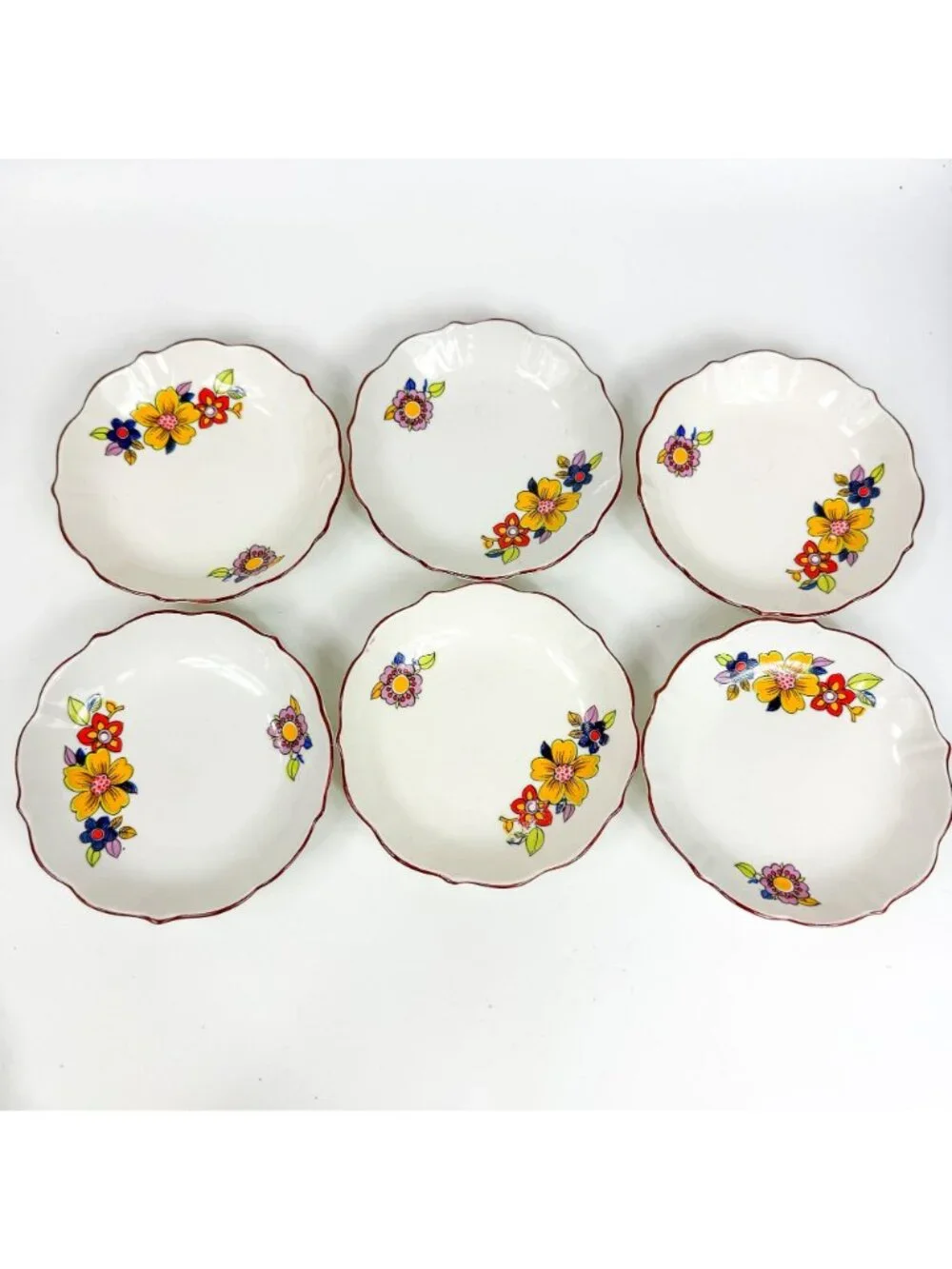Vintage Hungary Aquincum Folk Art Floral Coffee Cups Saucers Set Of 5 Red Rim
